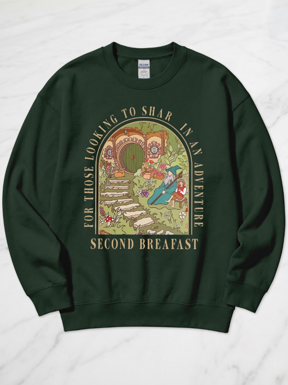 Gildan Forest Green "Second Breakfast" Hobbit Illustration Sweatshirt